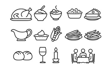 Thanksgiving Dinner Icons. Outline icon set of Thanksgiving dinner: roast turkey, mashed potatoes, cranberry