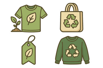 Eco friendly clothing icon set. Sustainable fashion and recycling concept. Slow fashion, ethical production, organic textile. Conscious consumerism. Vector cartoon illustration.