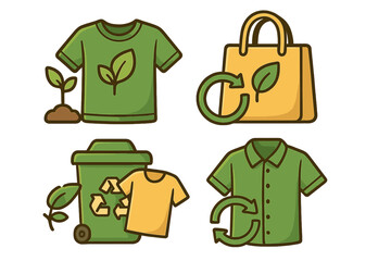 Sustainable fashion icon set. Eco-friendly clothing and textile recycling concept. Vector illustration of organic garments, circular economy, and green ethical lifestyle choice.