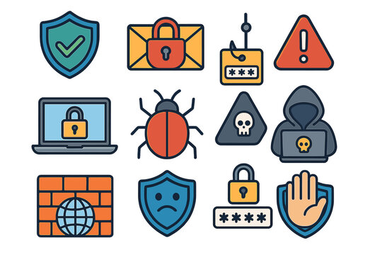 Cybersecurity icon set. Internet security, data protection concepts. Hacker, virus, malware, phishing, firewall, password, privacy. Digital threat & safety vector icons.