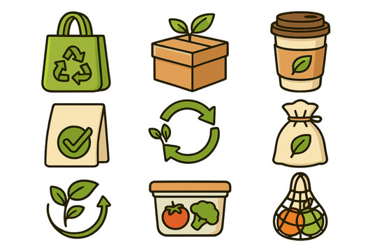 Eco friendly icons set for sustainable living. Zero waste, reusable packaging, and recycling symbols. Green lifestyle concepts for food storage and shopping. Vector illustration.