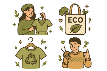 Eco friendly lifestyle icon set. Sustainable living, slow fashion, and zero waste concept. Recycling clothes, knitting, and reusable shopping bag. Conscious consumption vector.