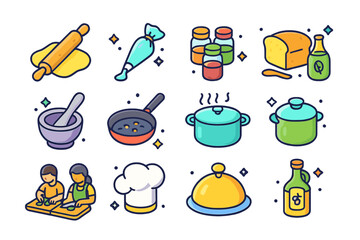 Culinary Workshop Icons. Colorful isometric vector icons set of culinary workshops: rolling pin, pastry dough, cake decorating bag