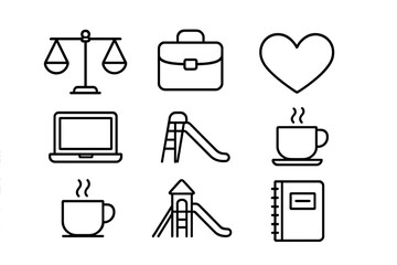 Work-Family Balance Icons. Outline icon set of Balancing work and family: scale, briefcase, baby, heart,