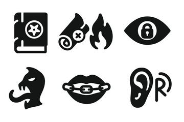 Naklejka premium Forbidden Knowledge Icons. Solid, filled icon set of forbidden knowledge: ancient book, sealed scroll, whispering flame, eye with