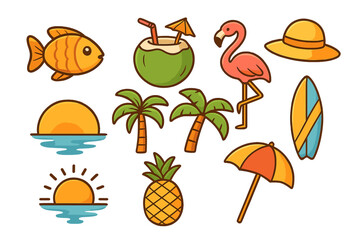 Set of colorful summer beach icons for tropical vacation. Cute cartoon vector collection of travel symbols like flamingo, palm tree, surfboard, sunset, pineapple, coconut drink.