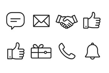Formal Icons Grid. Outline icon set of congratulatory messages and communication: speech bubble, envelope, megaphone, handshake,
