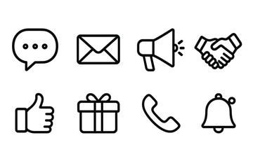 Formal Icons Grid. Outline icon set of congratulatory messages and communication: speech bubble, envelope, megaphone, handshake,