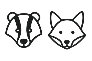 Minimalist stylized badger and fox animal faces, simple linear black line art icons, cartoon vector illustrations, wildlife forest animals, clean transparent background, set of two