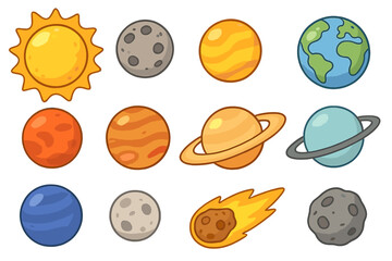 Cartoon solar system planets vector icon set. Colorful space objects collection for kids education. Sun, Earth, Jupiter, Saturn, Mars, Mercury, Moon, comet and asteroid.