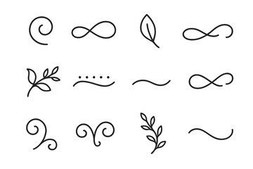 Artistic Flourish Icons. Outline icon set of Artistic flourishes: swirl, loop, leaf, curl, vine, dot, wave,