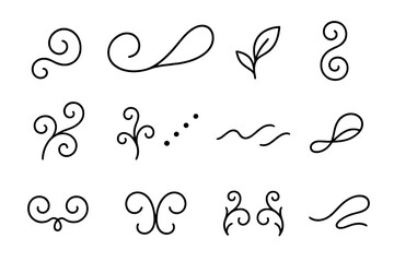 Artistic Flourish Icons. Outline icon set of Artistic flourishes: swirl, loop, leaf, curl, vine, dot, wave,