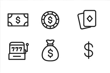 Gambling Icon Set. Outline icon set of stake types: cash bet, chip bet, ticket bet, side bet, jackpot, money bag, coins, dollar