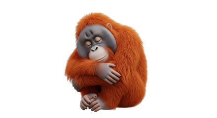 Tranquil orangutan peacefully sleeps with arms wrapped around itself on a black background.