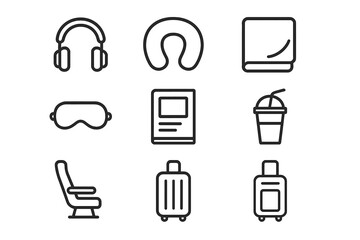Air Travel Essentials. Outline icon set of Air travel relaxation: headphones, neck pillow, blanket, eye mask,