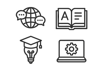 Minimalist vector icon set of language learning and technology tools with globe chat, open book, graduation cap lightbulb, and laptop gear on transparent background
