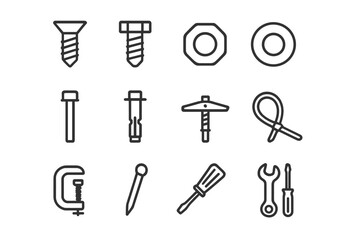 Fastening Tools Icons. Outline icon set of fastening tools: screw, bolt, nut, washer, rivet, anchor, toggle