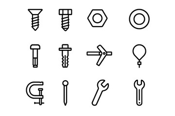 Fastening Tools Icons. Outline icon set of fastening tools: screw, bolt, nut, washer, rivet, anchor, toggle