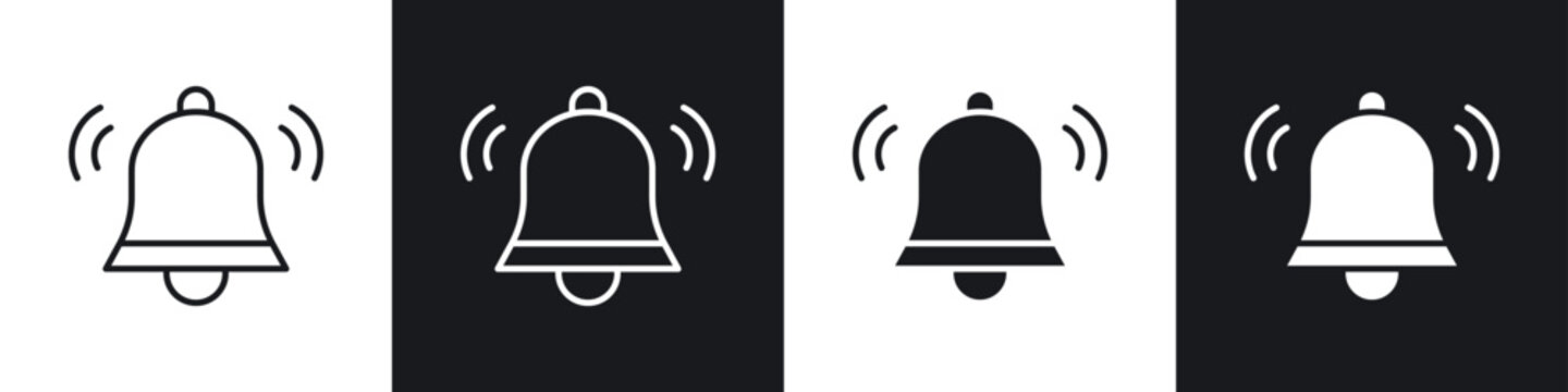 Bell ring icons collection in black and white filled and line versions