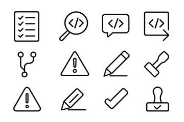 Code Review Icons. Outline icon set of Code review tools: checklist, magnifying glass, comment bubble, pull