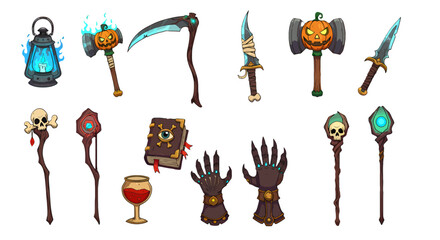 A collection of cartoon fantasy weapons, magical items, and spooky accessories.