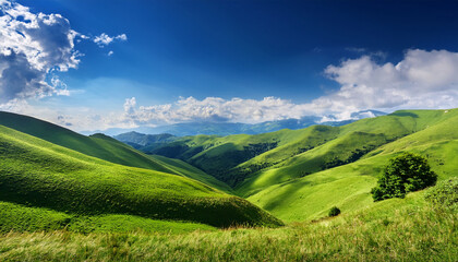 Fototapeta premium Lush Green Hills Under A Bright Blue Sky With Fluffy Clouds And Vibrant Nature Surrounding