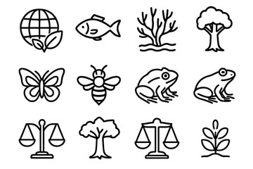 Biodiversity Icon Set. Outline icon set of biodiversity protection: globe with leaves, fish, coral reef,