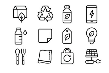 Sustainable Design Icons. Outline icon set of Sustainable Product Design: biodegradable packaging, recycled