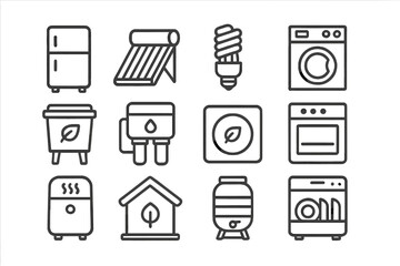Eco Appliance Icons. Outline icon set of Eco Home Appliances: energy-efficient fridge, solar water heater, LED
