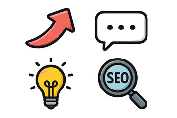 Digital marketing icon set. SEO, idea, communication, growth. Vector cartoon illustration. Business strategy concept. Web development symbols. Startup success elements.