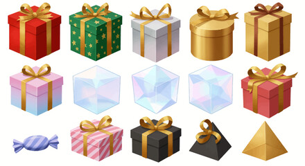 A collection of various colorful gift boxes, each tied with a decorative ribbon, arranged on a white background.
