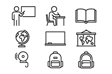 Classroom Icon Set. Outline icon set of classroom learning: teacher pointing, student writing, open textbook,