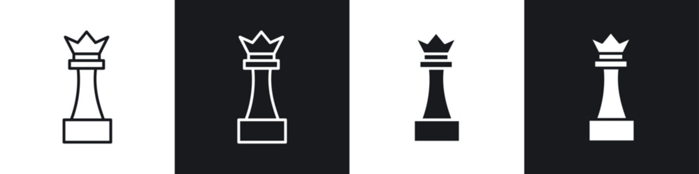 Chess queen icons collection in black and white filled and line versions