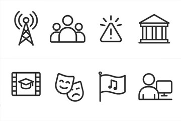 Obraz premium Public Service Icons. Outline icon set of public service broadcasting: radio tower, community icon, emergency