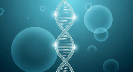 Abstract glowing DNA double helix structure on a vibrant blue background with translucent spheres