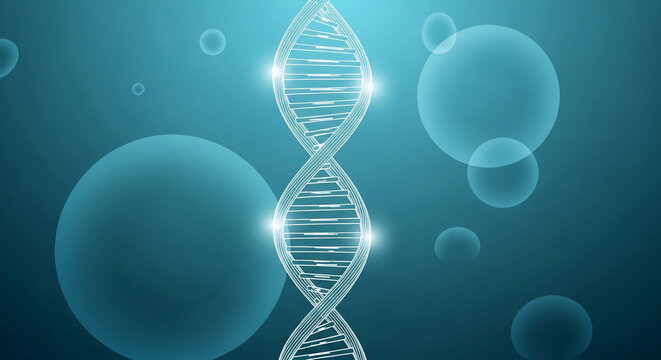 Abstract glowing DNA double helix structure on a vibrant blue background with translucent spheres