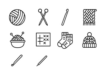 Obraz premium Knitting Icons Collection. Outline icon set of knitting and crochet: yarn ball, knitting needles, crochet hook