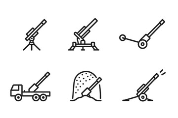Howitzer Icon Set. Outline icon set of howitzer positioning: tripod, mount, stabilizers, towing hitch, transport vehicle,