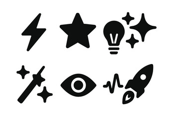 Fototapeta premium Idea Icon Set. Solid, filled icon set of idea symbols: lightning bolt, star, bulb filament, sparkles, magic wand, eye, brainwave,