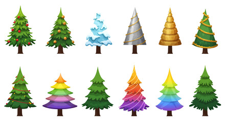 A collection of twelve different cartoon Christmas trees in various styles and colors.