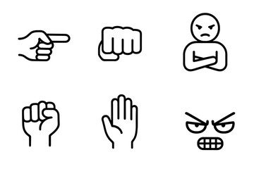 Intimidation Gesture Icons. Outline icon set of intimidation gestures: pointing finger, fist bump, thumb down, crossed arms,