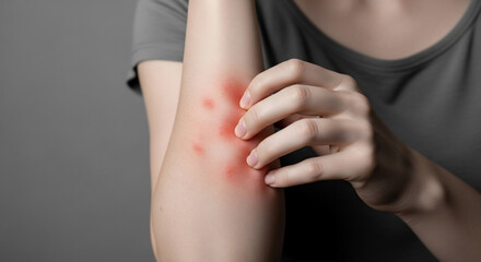 Close-up of a person's arm with multiple red, inflamed itchy rashes or insect bites
