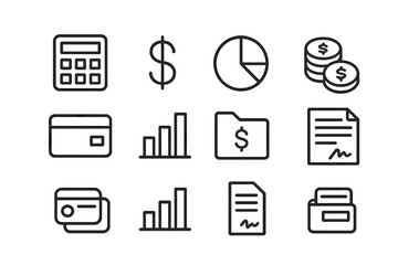 Financial Icons Grid. Outline icon set of financial decision-making: calculator, dollar sign, pie chart, coins