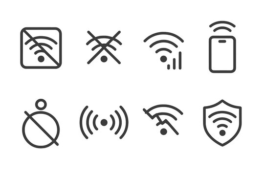 Jammer Signal Icons. Outline icon set of jammer signals: blocked signal, crossed waves, interference, signal loss, no connectivity