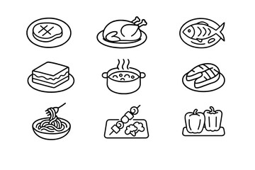 Dinner Meal Icons. Outline icon set of dinner meals: steak plate, roast chicken, baked fish, lasagna slice, curry pot, grilled