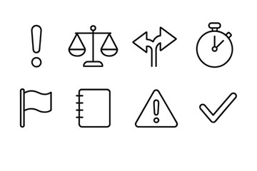 Task Priority Icons. Outline icon set of urgent vs. important tasks: exclamation mark, scale of justice,