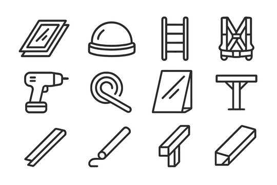 Skylight Installation Icons. Outline icon set of skylight and roof glass installation: roof window, dome