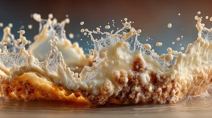 Liquid splash with bubbles and droplets brown and white colors.