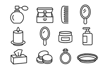 Dressing Table Icons. Outline icon set of dressing table items: perfume bottle, jewelry box, comb, hairbrush, candle, hand mirror,