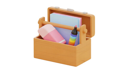 Cute 3D rendering of a wooden toolbox filled with colorful stationery. Perfect for back-to-school themes,  kids' projects, or creative concepts